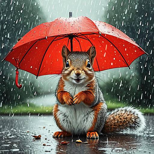 Squirrel Under Red Umbrella in Rain