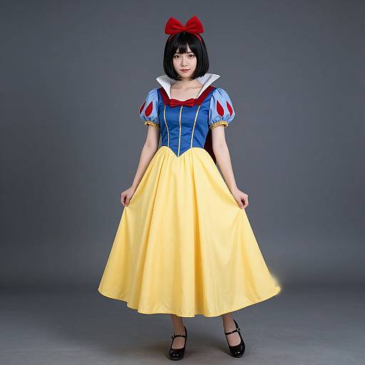 Photograph of a young woman in a Snow White costume, blue bodice, yellow skirt, red bow, white collar, black shoes, standing against