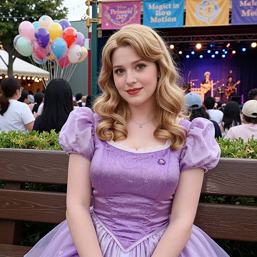 Photograph of a young woman with wavy blonde hair, wearing a lavender Cinderella dress, sitting on a wooden bench, surrounded by colorful balloons and