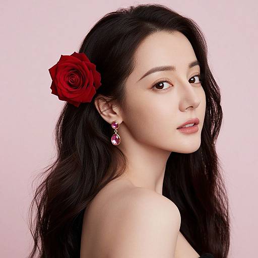 Photograph of a beautiful Asian woman with long black hair, wearing a red rose in her hair, pink gemstone earrings, and a pink background.