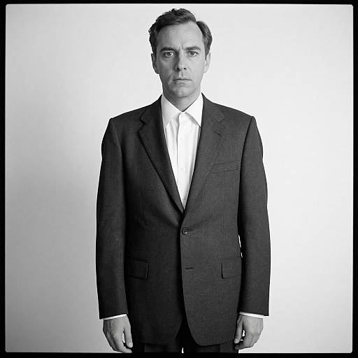 Black-and-white photograph of a serious-looking man in a dark suit and white shirt, standing against a plain white background.