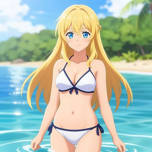 Digital anime-style drawing of a blonde, blue-eyed woman in a white bikini with black trim, standing in clear blue water with a tropical beach and green