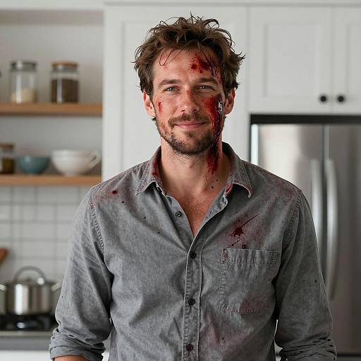 Man with Blood in Kitchen Scene