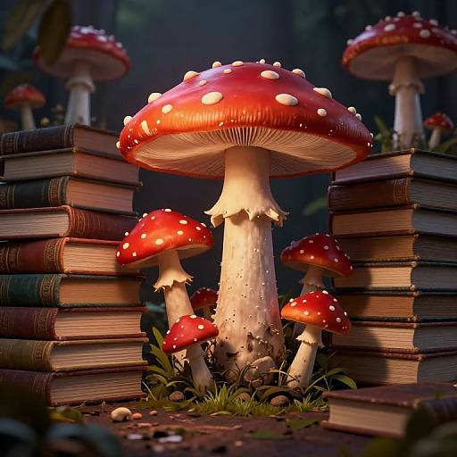 Fantastical forest scene with glowing red-and-white-spotted mushrooms surrounded by stacked, vintage books, illuminated by soft, enchanting light. Digital art