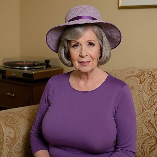 Photograph of an older woman with short gray hair, wearing a purple dress and wide-brimmed purple hat, smiling in a warmly lit room with