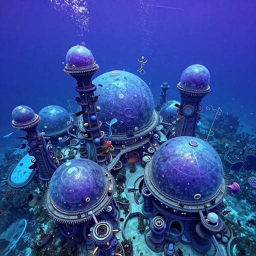 Photograph of an underwater steampunk city with blue-domed structures, gears, and pipes, surrounded by coral and small fish, bathed in