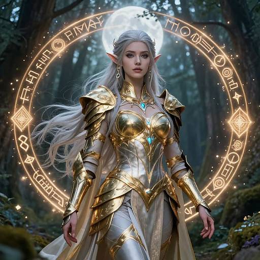 Digital artwork of a beautiful, silver-haired elf woman in golden armor with glowing blue gem, standing in a mystical forest, surrounded by a magical circular rune