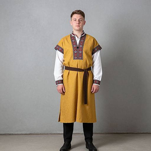 Photograph of a young Caucasian man with short brown hair, wearing a yellow traditional long tunic with black and red embroidered trim, white sleeves, brown