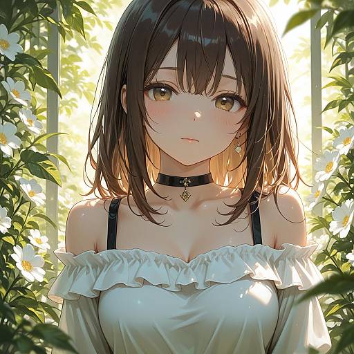 Girl in White Shirt Surrounded by Flowers