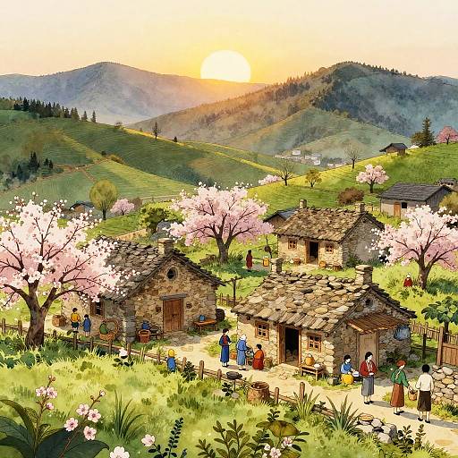 Peaceful Village Dawn in Watercolor