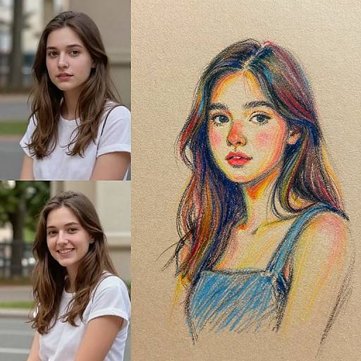 Photograph of a young woman with long brown hair in a white shirt, alongside a colorful, detailed, realistic drawing of her face.