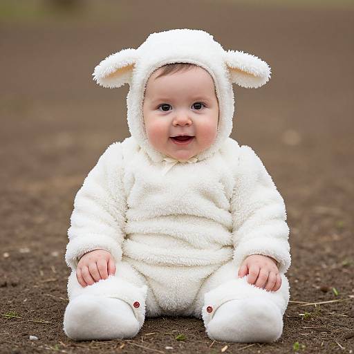 Photograph of a smiling baby in a fluffy white bunny onesie with ears, sitting on dark, brown soil outdoors.
