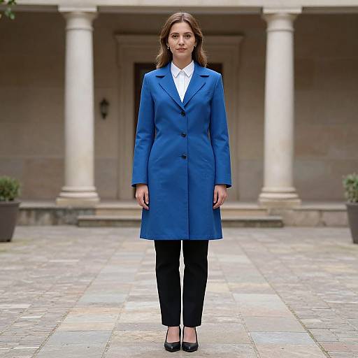 Photograph of a serious-looking woman with light skin and brown hair, wearing a blue coat, white shirt, black pants, and black shoes, standing