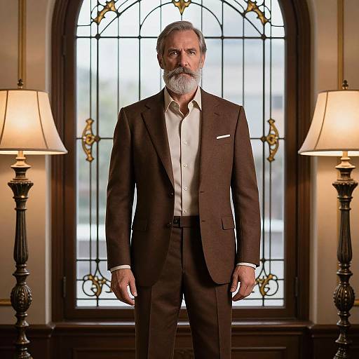 Photograph of an older man with gray hair and beard, wearing a brown suit and white shirt, standing in a luxurious room with ornate stained glass