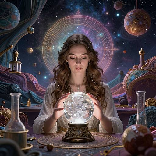Magical woman with wavy brown hair holding glowing crystal sphere, surrounded by cosmic planets and alchemical equipment in a starry, mystical room. Digital