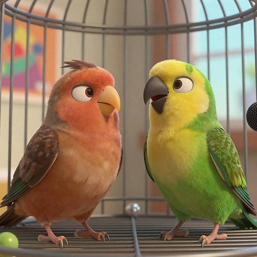 Animated Birds in a Colorful Cage Scene