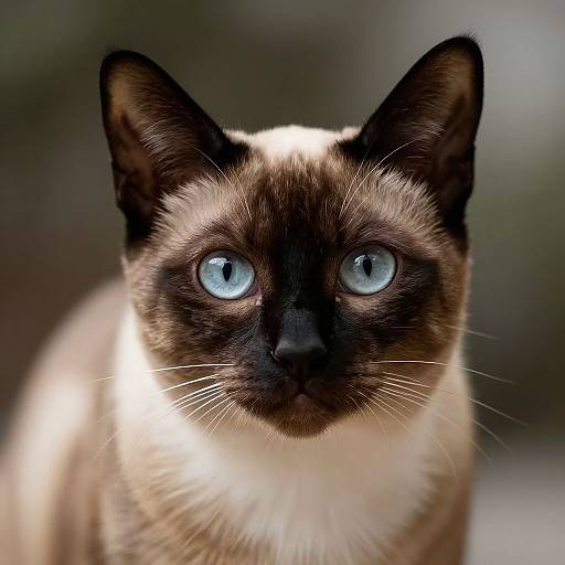 Close-up photograph of a Siamese cat with striking blue eyes, dark brown mask, and cream-colored fur, set against a blurred background.