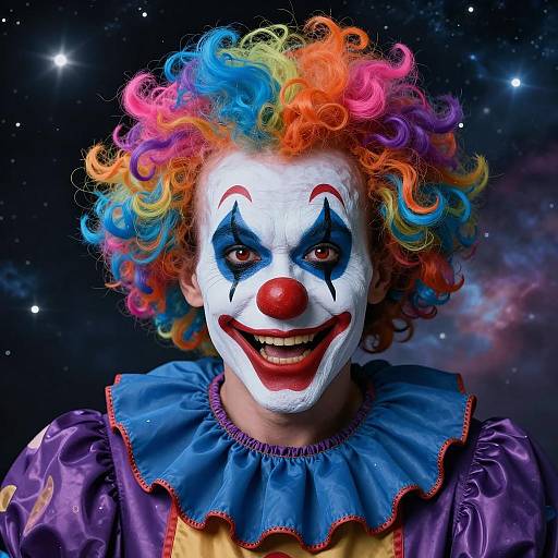 Scary Clown with Colorful Hair and Cosmic Background