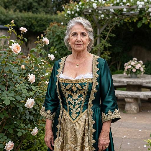 Photograph of an elderly woman with gray hair, wearing an ornate green and gold Renaissance-style dress, standing in a garden with blooming roses and