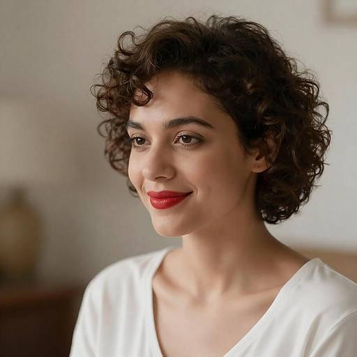 Smiling Woman with Curly Hair and Red Lipstick