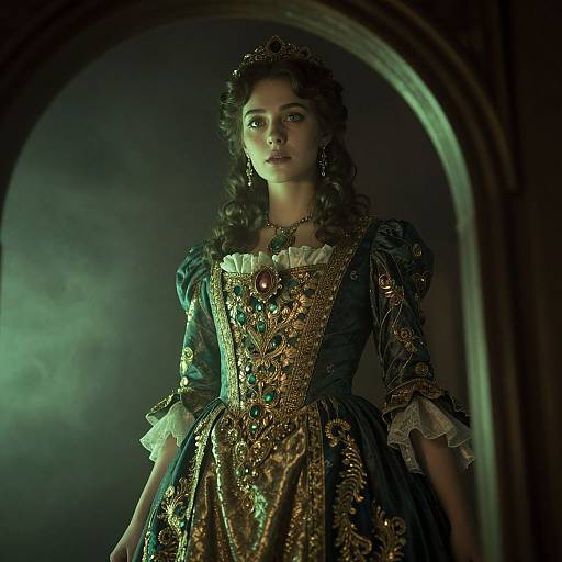 Photograph of a regal woman with curly brown hair, wearing an ornate, gold-embellished, dark green Renaissance-style dress, standing