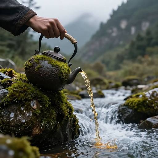 Ancient Teapot Pouring Golden Tea