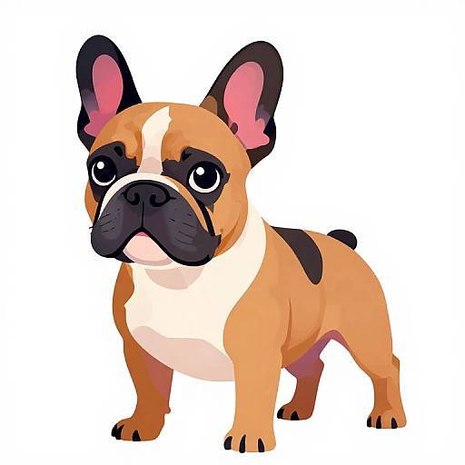 Digital illustration of a cute, cartoon-style French Bulldog with large black ears, expressive eyes, and a tan and white coat, standing against a plain