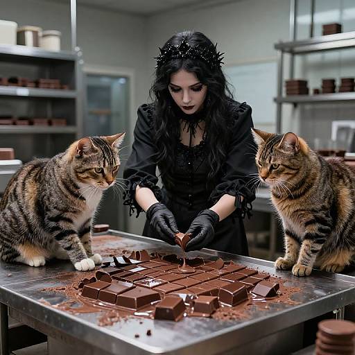 Gothic woman with black hair and gloves breaks chocolate pieces on a table, flanked by two tabby cats in a dimly lit chocolate factory