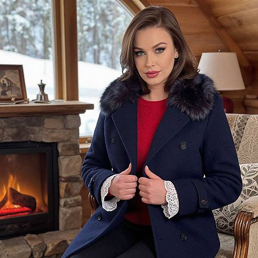 Photograph of a brunette woman with fair skin, red lipstick, and blue eyes, wearing a black coat with fur collar, red sweater, and white