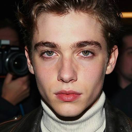 Close-up photograph of a young white man with fair skin, brown wavy hair, green eyes, red lips, white turtleneck, black leather