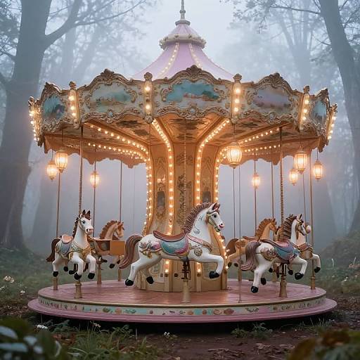Photograph of a vintage, ornate carousel with illuminated lights, featuring six prancing, decorated horses, in a misty forest.