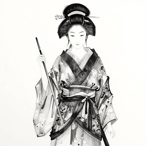 Black-and-white digital drawing of a Japanese geisha in traditional kimono, holding a fan, with a high bun hairstyle, against a white background.
