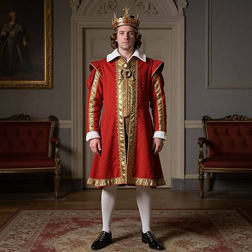 Photograph of a young man in a regal red and gold embroidered royal tunic, white stockings, black shoes, and gold crown, standing in