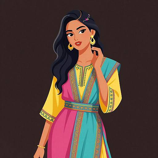 Digital illustration of a confident South Asian woman with long black hair, wearing a vibrant pink and blue salwar kameez, yellow blouse, gold earrings