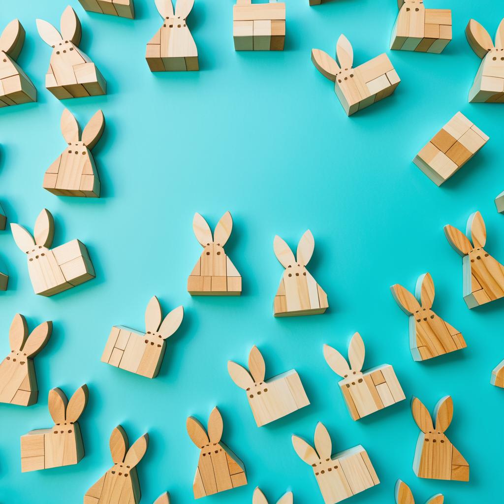 Wooden Block Rabbit on Turquoise Backdrop