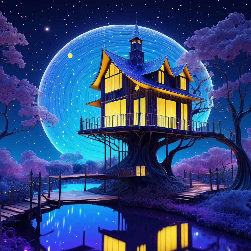 Whimsical Treehouse Under Moonlit Sky