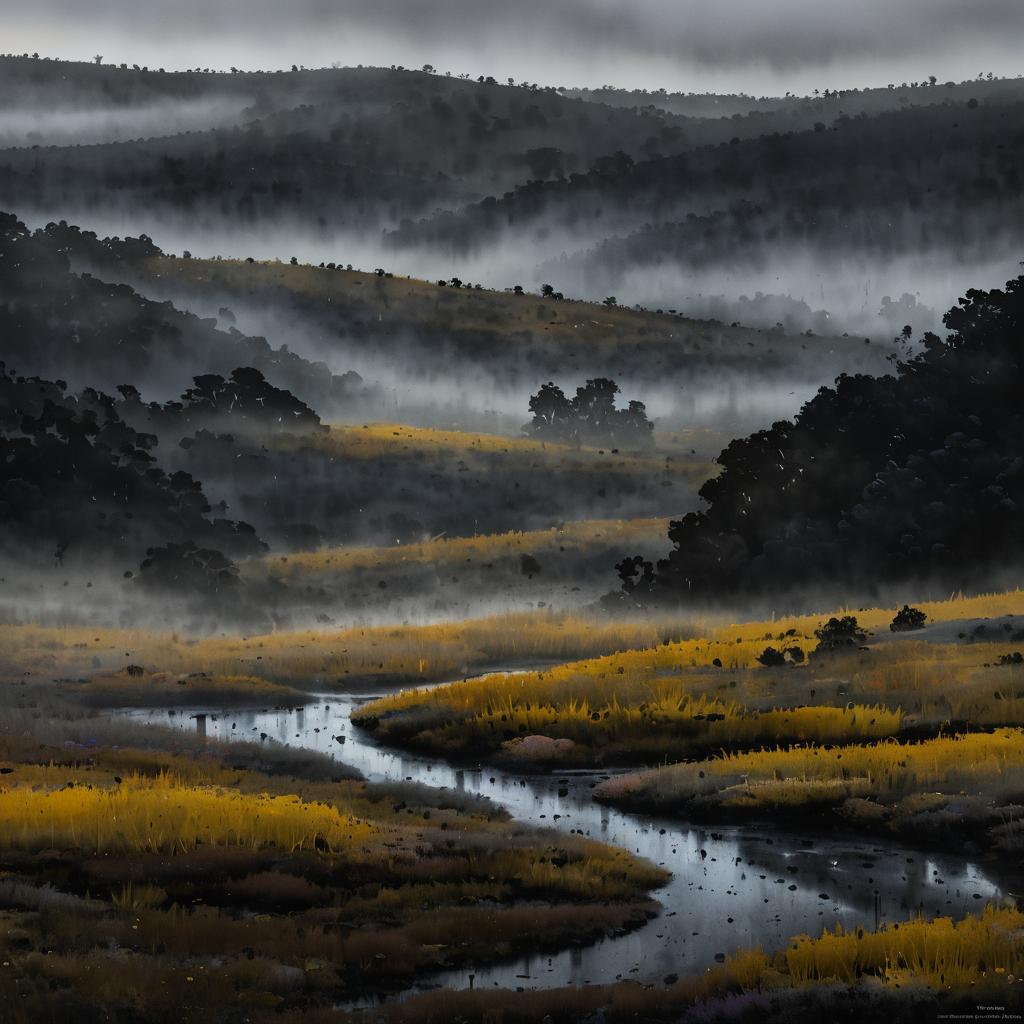 Misty Foothills and Dusk Light Abstract