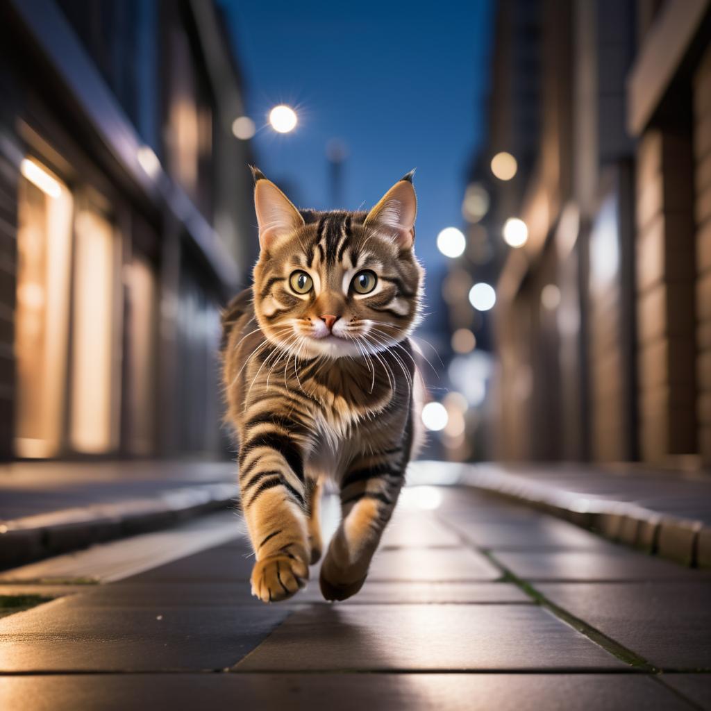 Tabby Cat Running in Twilight City