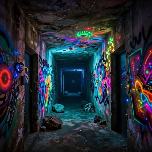 Photograph of a dimly lit, graffiti-covered abandoned hallway with vibrant neon lights on walls, cracked ceiling, and scattered rocks on the floor.