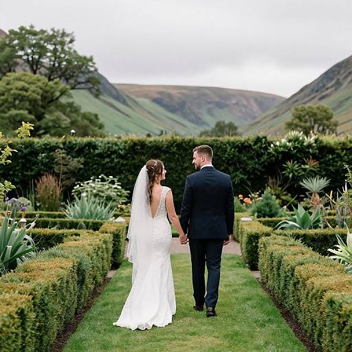 Photograph of a bride in a white, sleeveless gown and veil, holding hands with a groom in a black suit, walking away down a lush