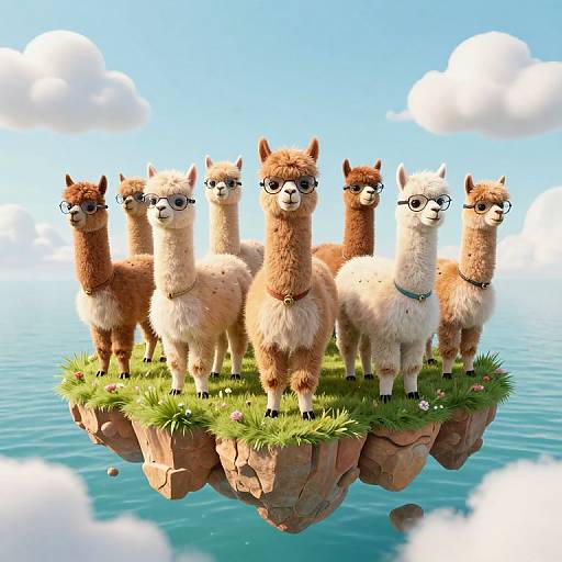 CGI image of six fluffy alpacas with glasses standing on a grassy, floating rock in clear blue water under a bright sky with fluffy clouds