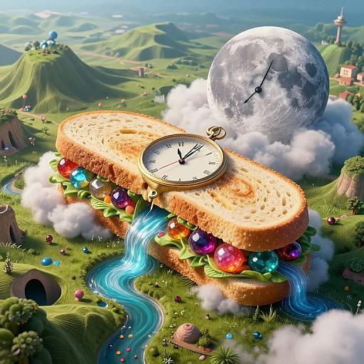Digital illustration: Giant clock sandwich with colorful fruit filling, floating above rolling green hills, a giant moon, and a blue river.
