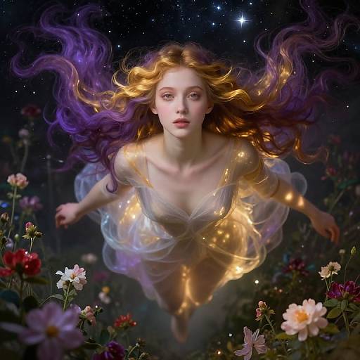 Digital painting of a beautiful, ethereal woman with golden and purple hair, glowing dress, floating in a starry night field of colorful flowers.