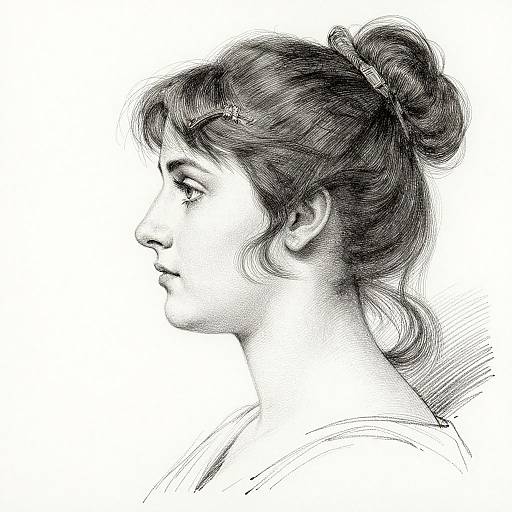Black-and-white pencil sketch of a woman in profile, facing left, with wavy hair tied in a bun, and subtle facial details.