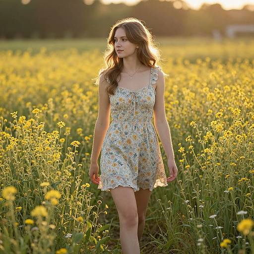 Photograph of a young woman with wavy brown hair, wearing a floral dress, walking through a sunlit yellow wildflower field.