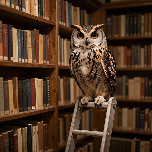 Photograph of a speckled owl perched on a silver ladder in a dimly lit, wooden bookshelf-filled library, with books of various
