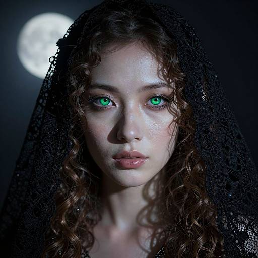 Digital portrait of a pale, young woman with glowing green eyes, curly brown hair, and a black lace veil, illuminated by a full moon in a