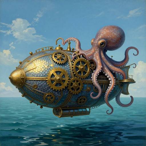 Steampunk octopus submarine with golden gears and scales, pink tentacles, floating on turquoise ocean under a clear blue sky. Digital art.