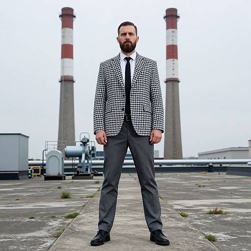Photograph of a bearded man in a black-and-white checkered blazer, black tie, gray pants, and black shoes, standing on an