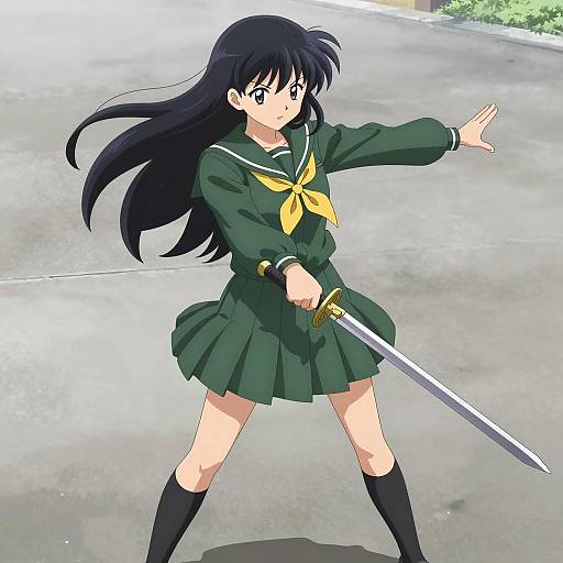 Anime Schoolgirl with Sword in Combat Pose